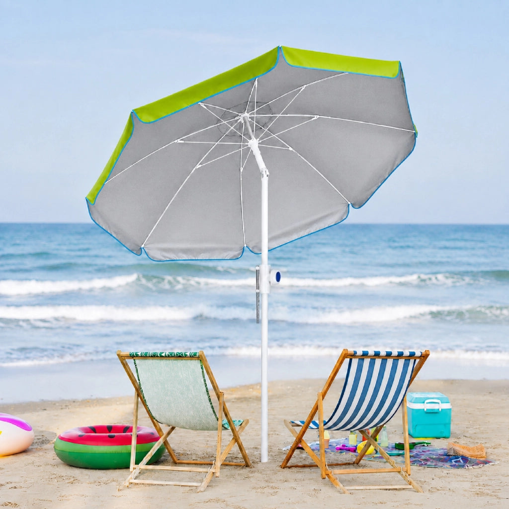 Ombrellone Mare Maxi 220 cm con Protezione UV, Palo a Vite e Inclinazione Regolabile, Parasole da Spiaggia con Presa d'Aria Antivento, Stecche Resistenti e Custodia Trasporto Verde Acido