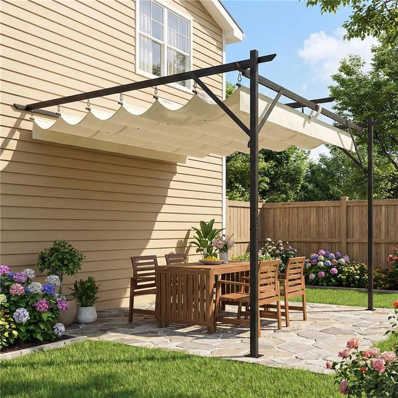 GAZEBO PERGOLA ADDOSSATA 3X3 M CON TETTO SCORREVOLE E FORI DI DRENAGGIO, CREMA