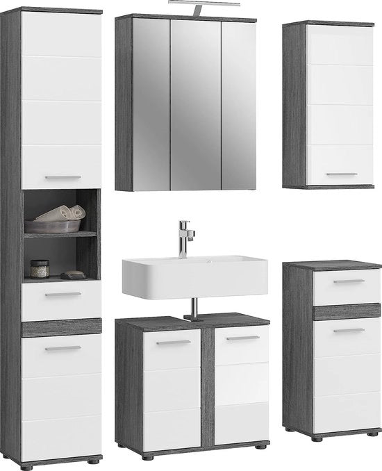 Set di 5 pezzi di arredo bagno - insieme per lavabo - materiale legno - fronte lucido - argento grigio - 60cm x 50cm x 180cm