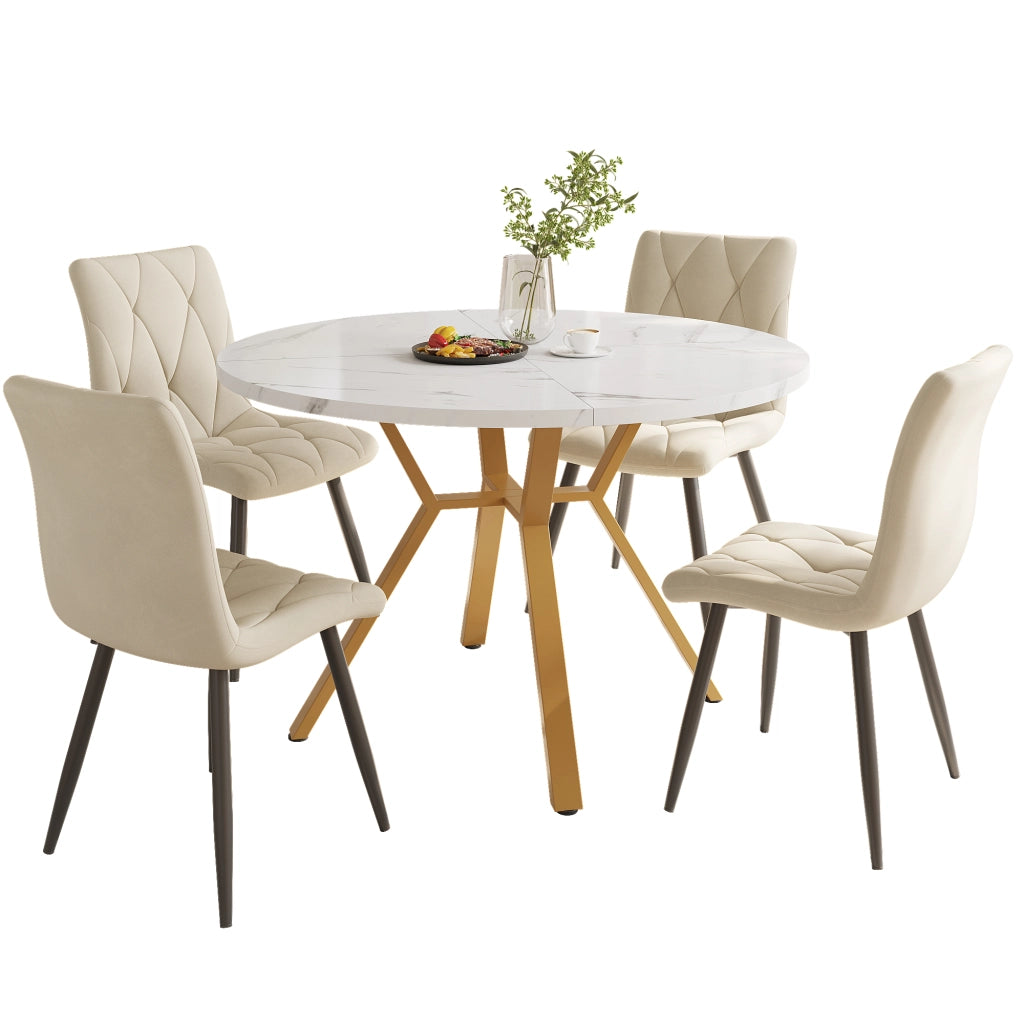 Set Tavolo da Pranzo Rotondo con 4 Sedie in Velluto ¨C Xylo ¨C Piano Marmo, Gambe in Metallo Dorato, Beige