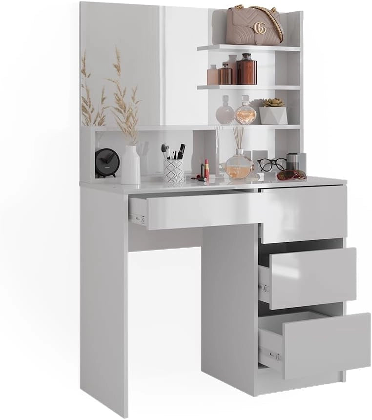 Vicco Tavolo da toeletta Sherry, Bianco, 80 cm con specchio, con seduta regolabile in altezza e sgabello girevole