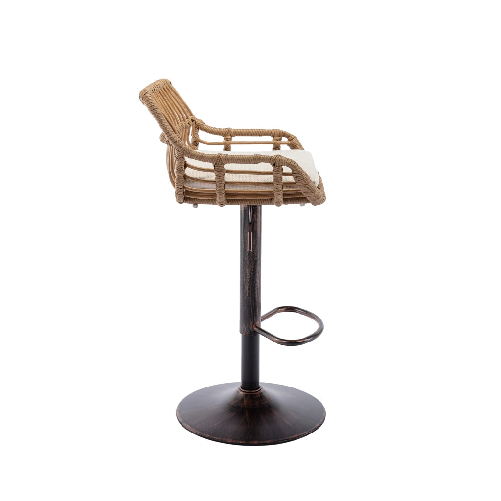 Sgabello da bar girevole set da 2 con altezza regolabile, schienale in rattan e poggiapiedi, in lino beige