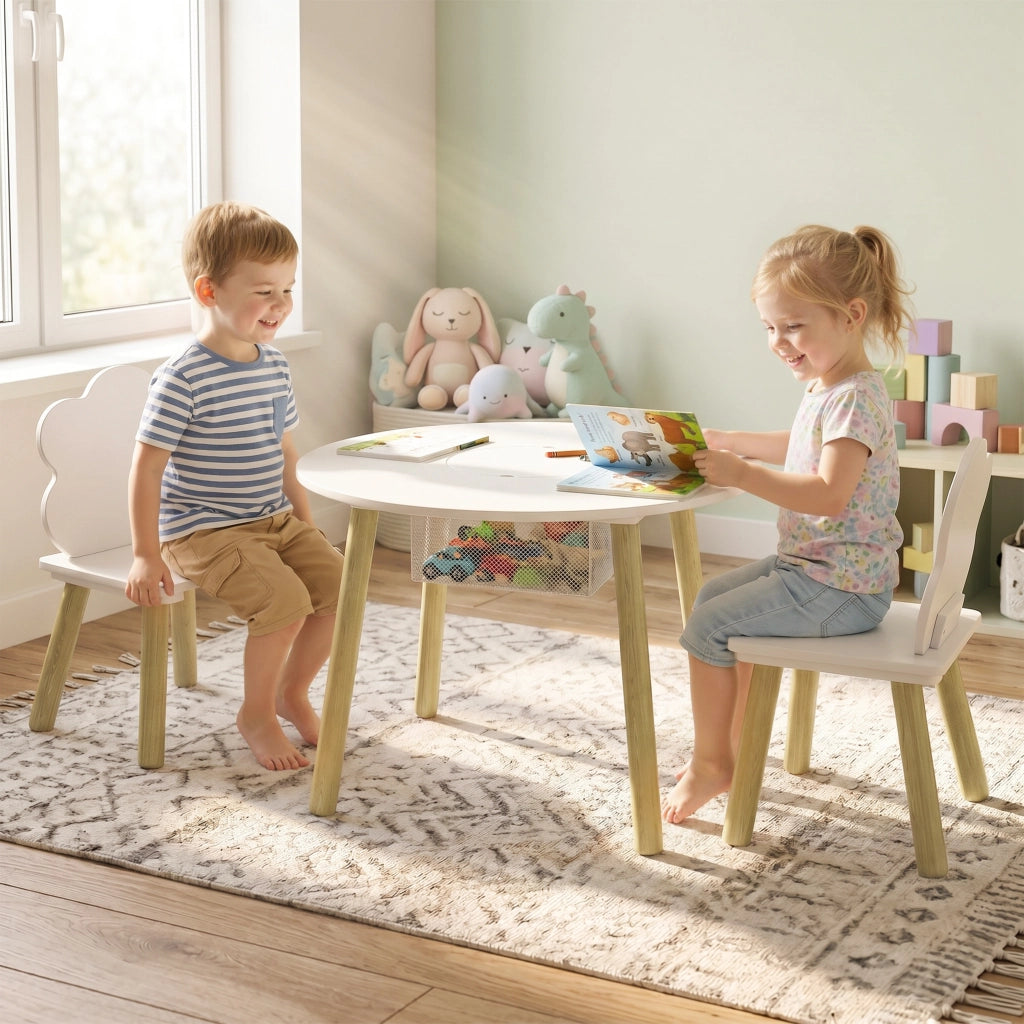 Set tavolo e sedie per bambini con contenitore ¨C Xylo ¨C Legno bianco e naturale 3 pezzi