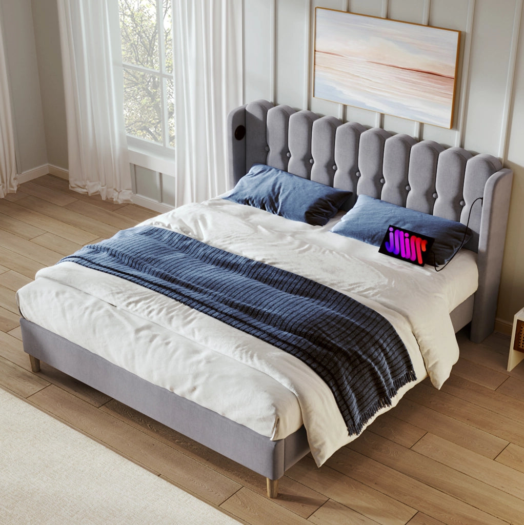 Letto imbottito 160x200 cm con ricarica USB+Type-C in lino grigio