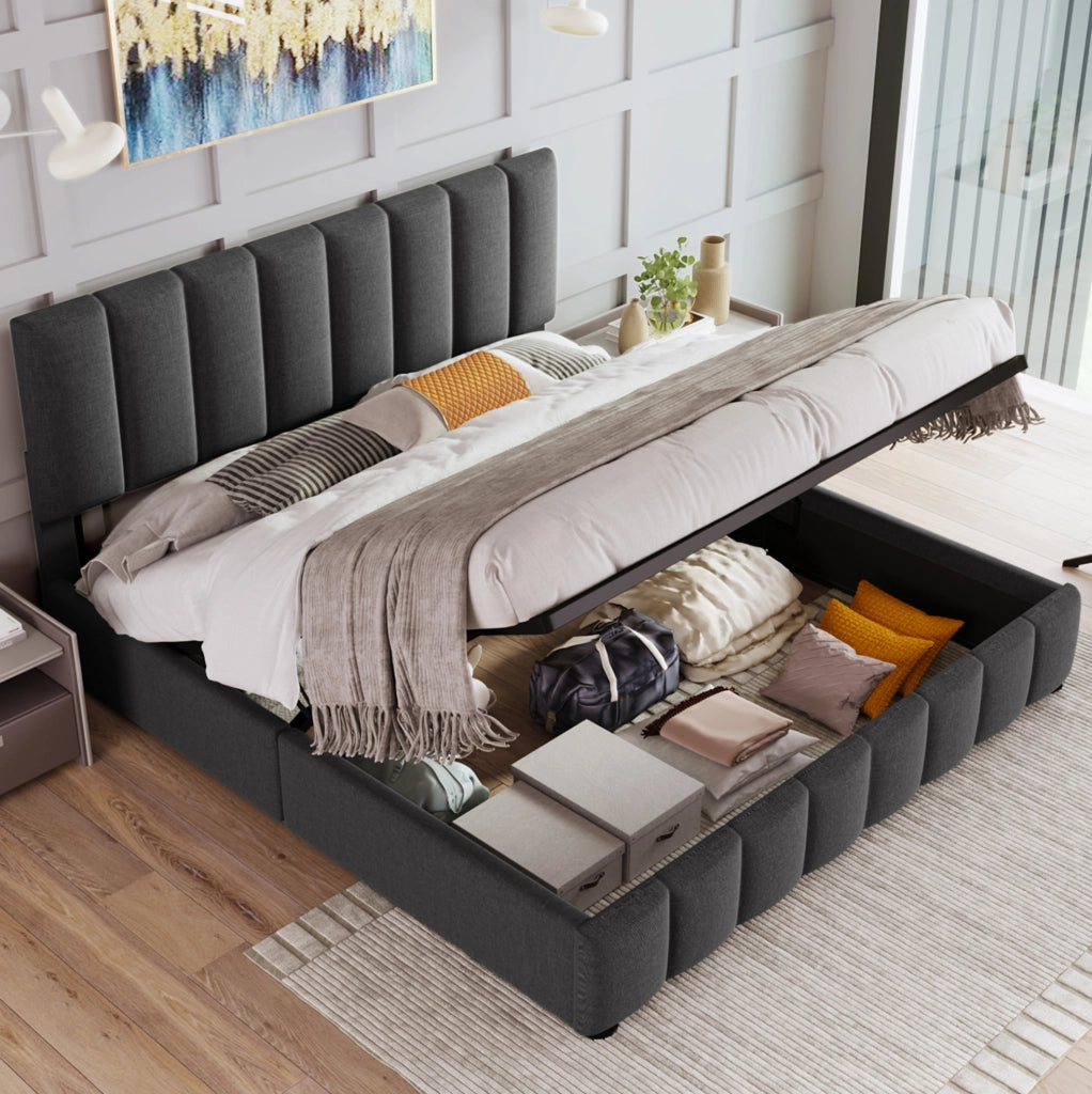 Letto matrimoniale imbottito 140x200 cm in lino grigio con contenitore e testiera regolabile