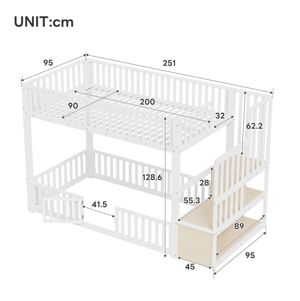 Letto a castello basso 90x200 cm con scala contenitore e LED; bianco
