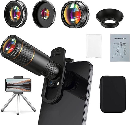 Kit di lenti per fotocamera 5 in 1 - 22X Tele, 205° Oculare a pesce, 0.67X Obiettivo a grande angolo, 25X Macro, Clip e mini treppiede - Compatibile con iPhone e Android