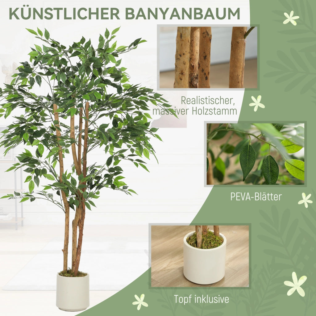 Albero di Banyan artificiale ¨C Xylo ¨C pianta decorativa con tronco in legno massello e vaso 65x65x150 cm verde
