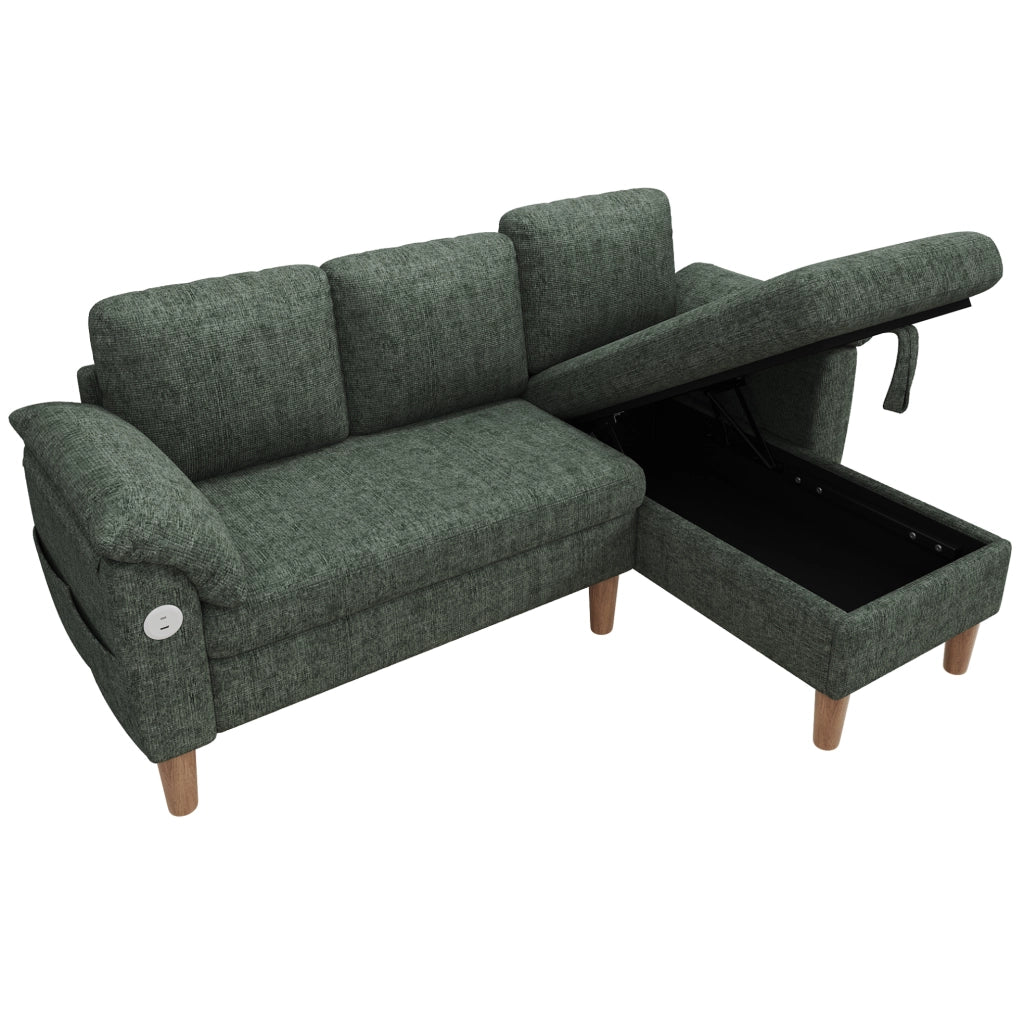 Divano angolare modulare 3 posti con chaise longue contenitore; USB/Type-C; verde