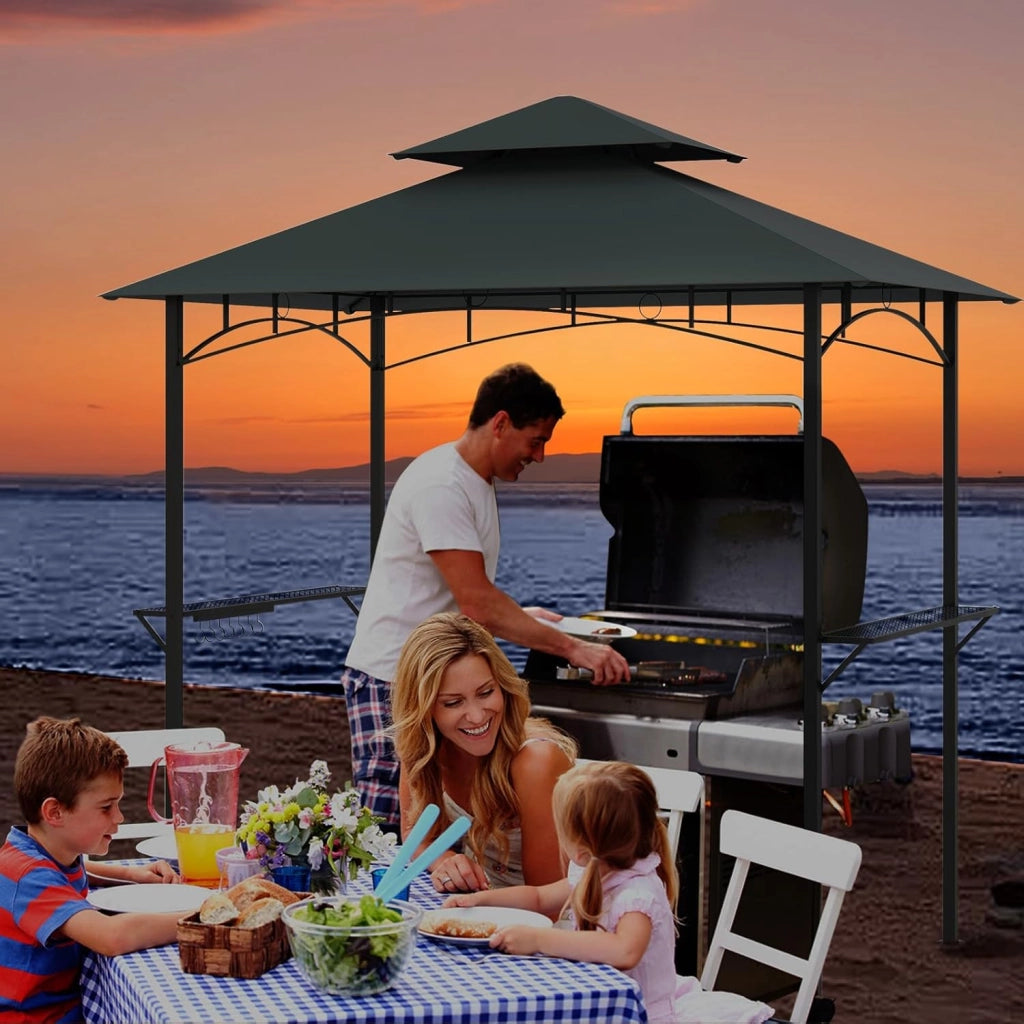 Gazebo per Barbecue 240 x 151 cm, Pergola per BBQ con con 2 Ripiani, 7 Ganci, Struttura in Metallo e Tetto Morbido, Tenda per Picnic e Barbecue per Giardino, Piscina e Terrazza (Grigio)