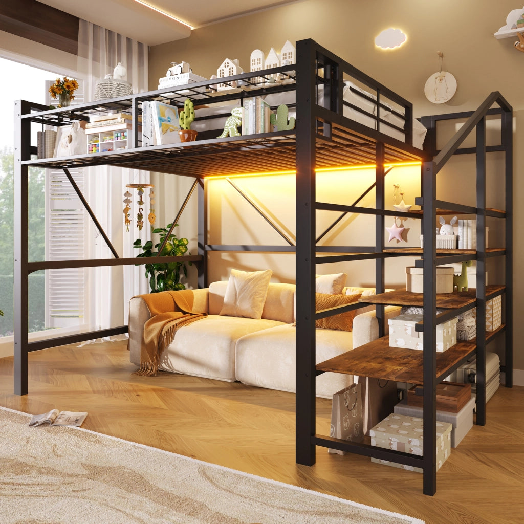 LETTO a soppalco 140x200 cm in metallo e MDF nero con scala e LED