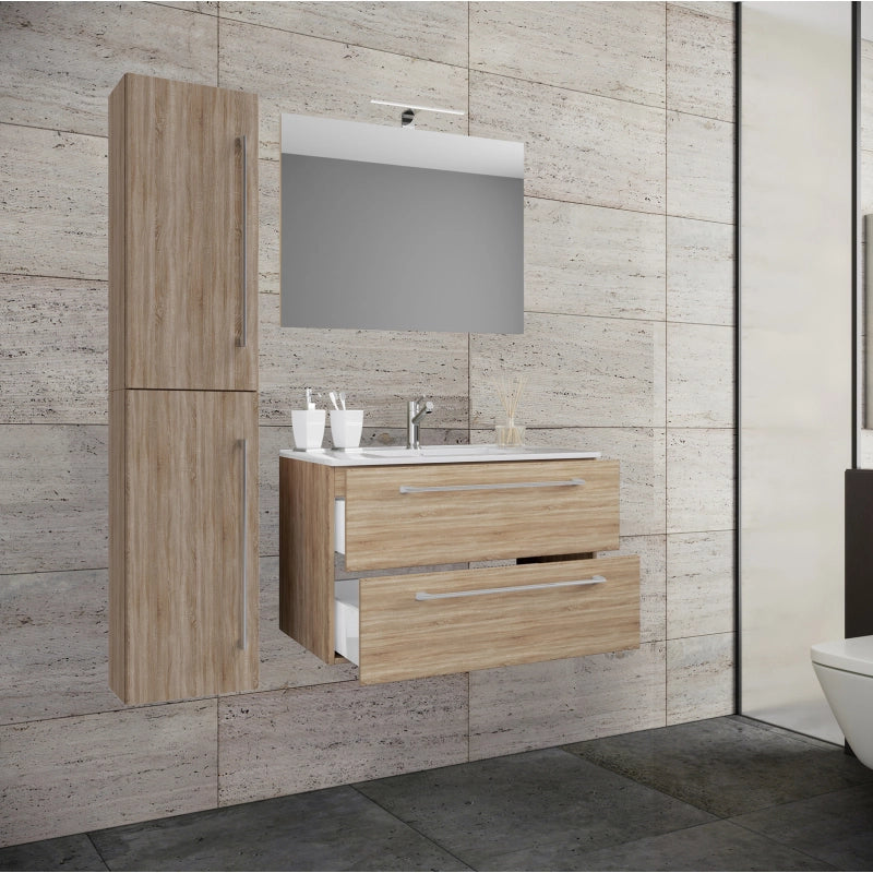 Completo Set bagno 4 Pezzi Mobile sospeso 2 casetti con Lavabo large in ceramica incl 1 Colonna e specchio, Rovere Sonoma ,