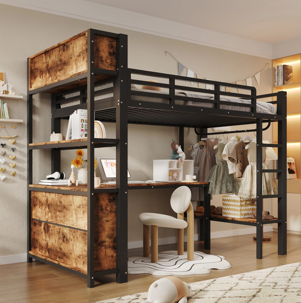 Letto a soppalco 90x200 cm nero con scrivania e ripiani