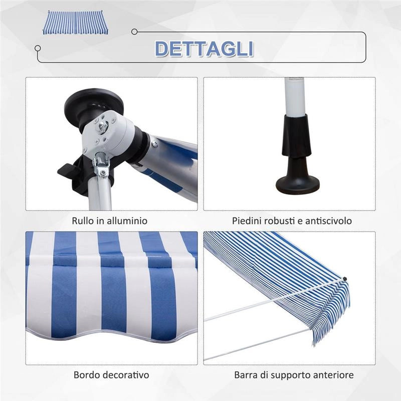 TENDA DA SOLE A BRACCI CON MANOVELLA 300 X 150 CM RIGHE BIANCHE E BLU