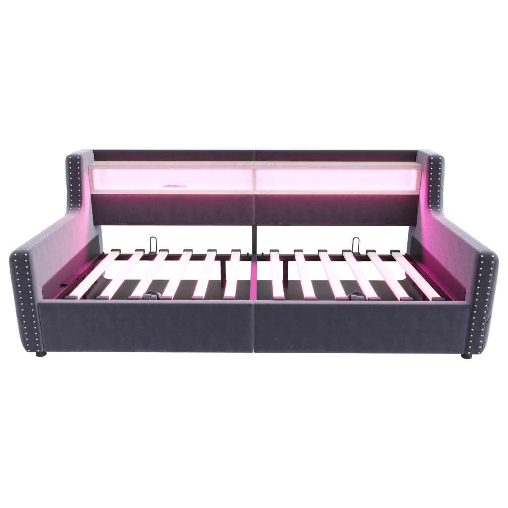 Schlafsofa imbottito 90x200 cm in velluto grigio con contenitore idraulico, LED, presa USB/Type-C e rete a doghe