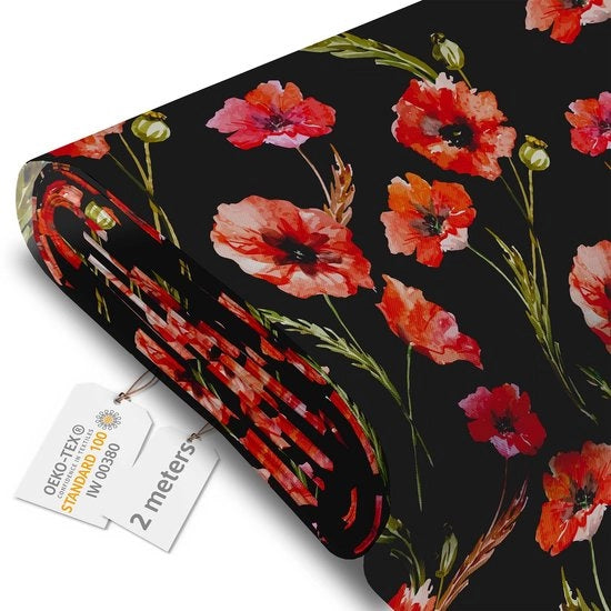 Telaio Acquaparato - Tessuto per metro 160 cm largo - Tessuto impermeabile 220 g/m2 600D - Tessuto per ombrelli impermeabile per metro con fiori a raso su Nero 2M