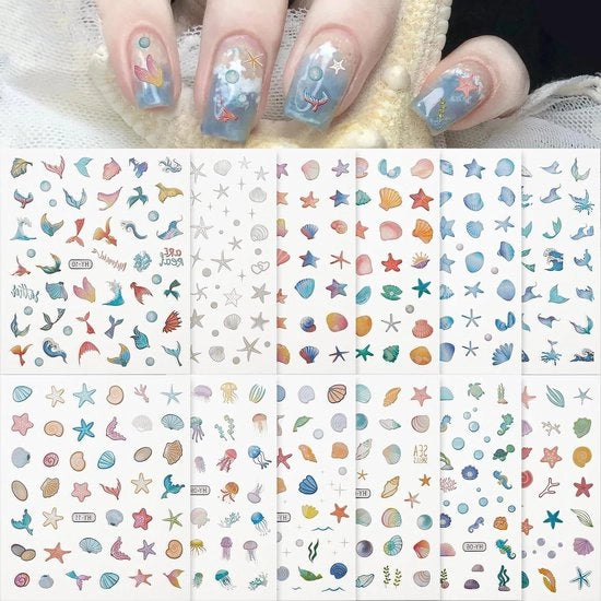 Accessori per manicure - 12 stampe per unghie estive con motivi marini e sirene - Accessori per manicure femminili