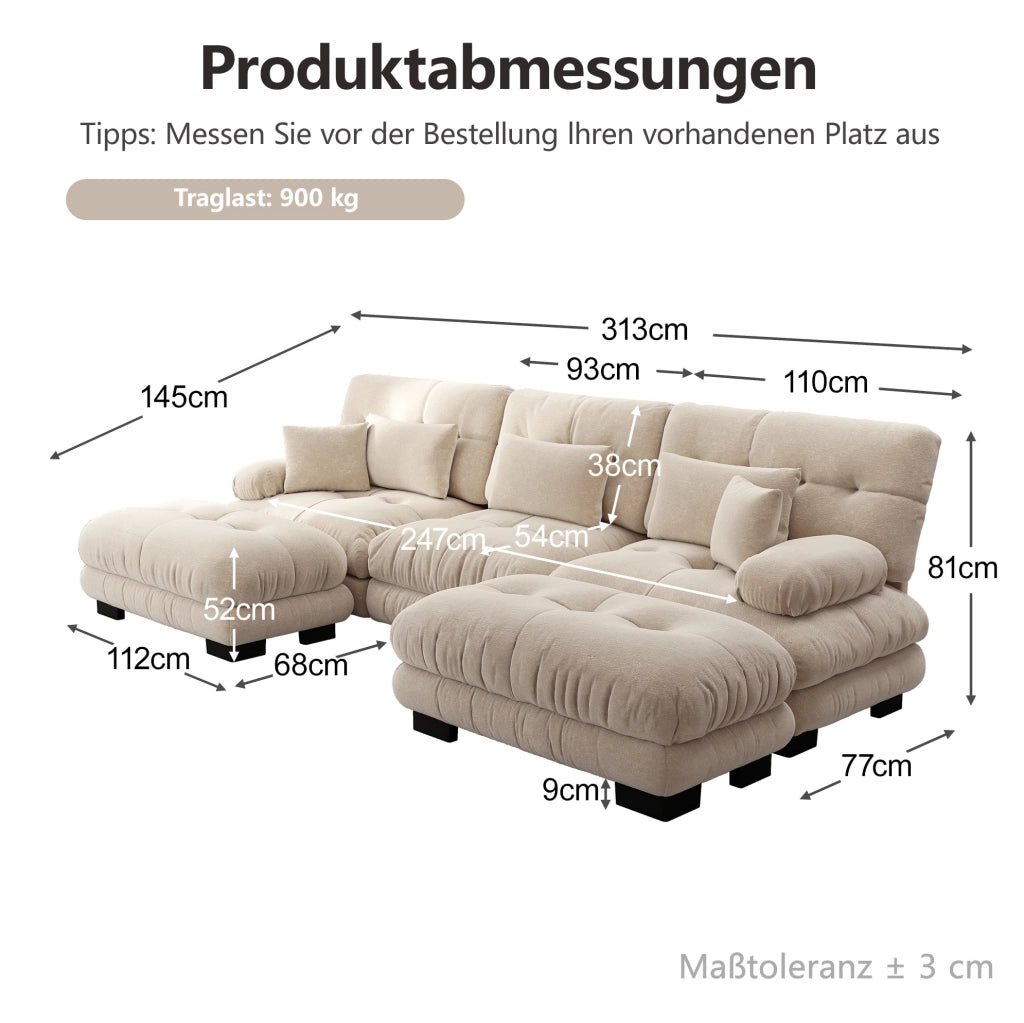 Divano modulare angolare in chenille vintage beige chiaro con pouf abbinati