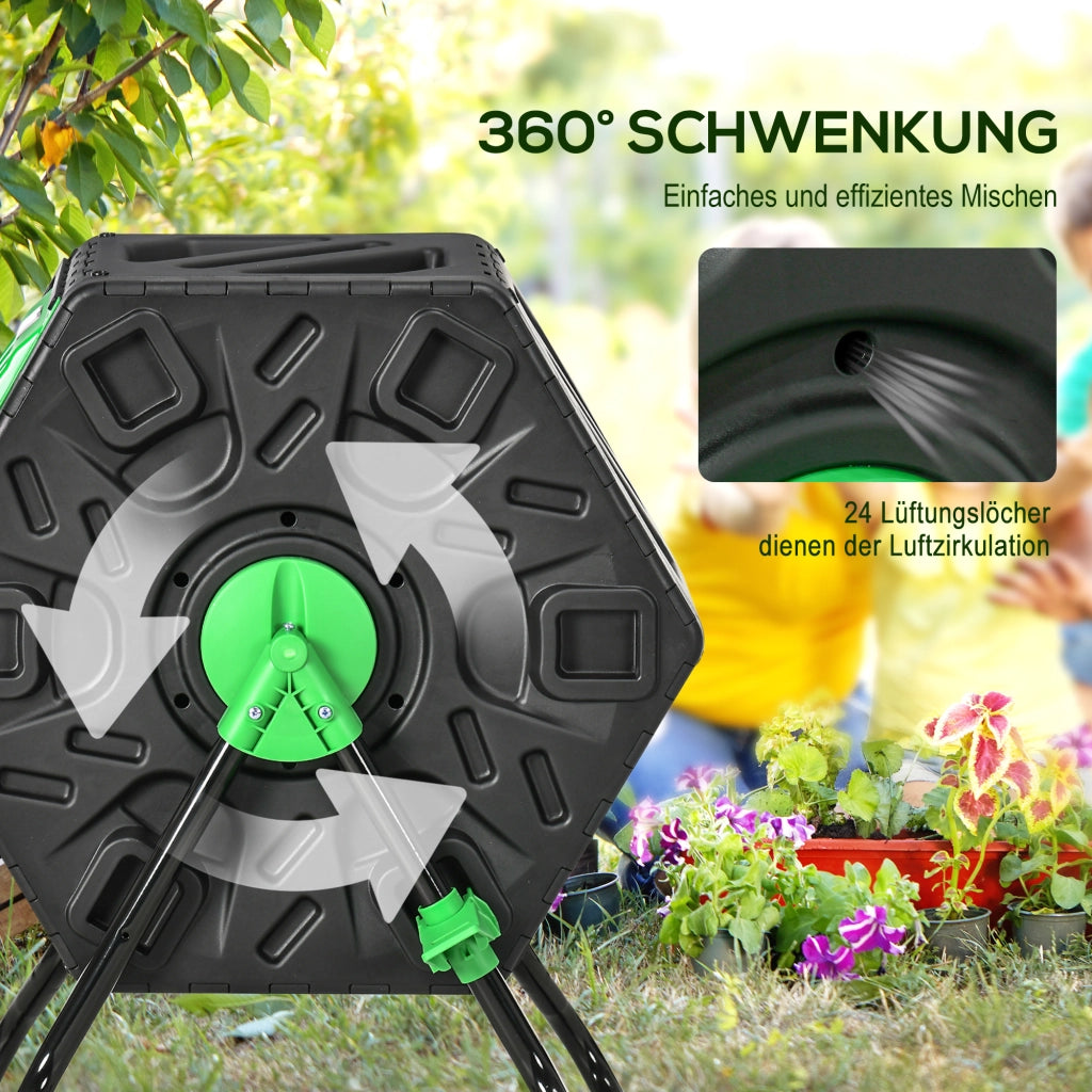 Compostiera da 65 litri, 60x49x77 cm, girevole, in plastica resistente alle intemperie con sistema di ventilazione e coperchio, adatta per giardini,