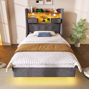 Letto singolo 90x200 cm in lino grigio con LED; USB; Type-C e materasso incluso
