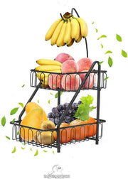 Scatola per frutta - Bancale per banane e appendi-frutta - Stile fruitiera e etagère - Fruitera con appendi-banane e appendi-frutta - Quadrata - Metallo