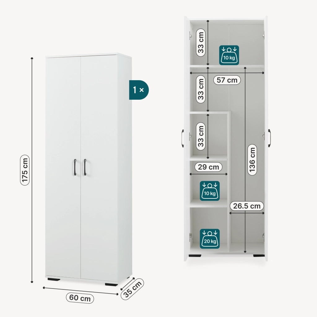Armadio Multifunzionale Chalvefted a 2 Ante e Vano Portascope 175x60x35 cm - Bianco [en.casa]