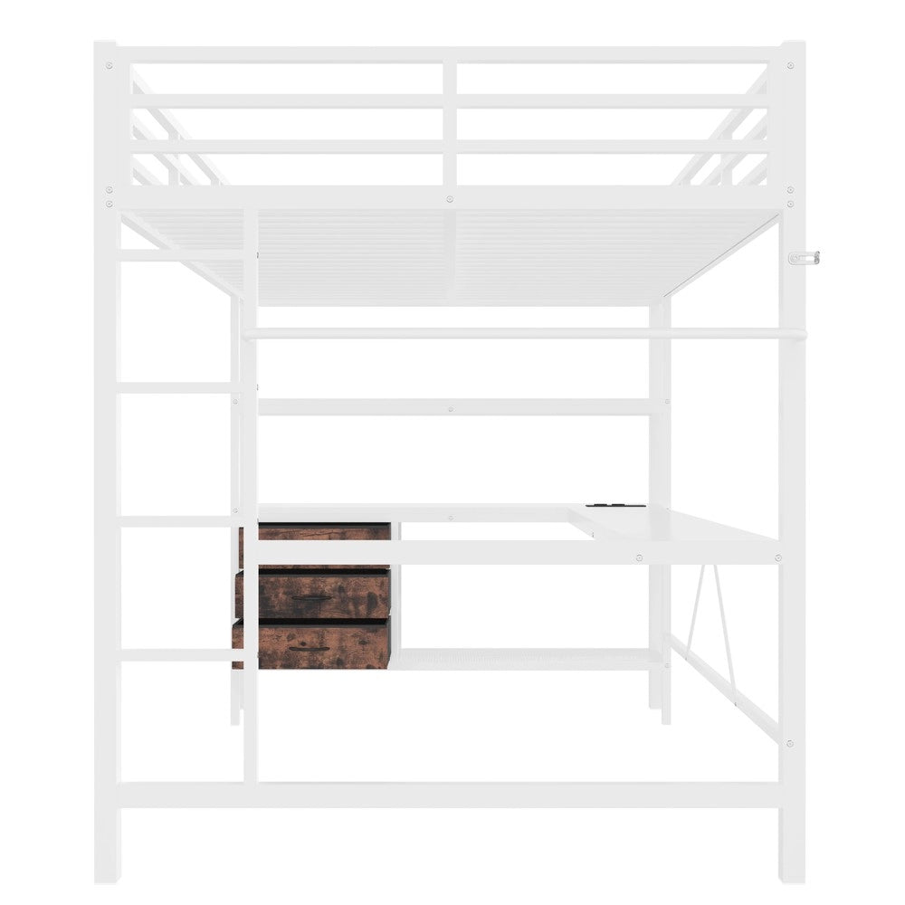 Letto a Soppalco con Scrivania, LED, Cassetti e Rete a Doghe ¨C MINIMAL ¨C Bianco 140x200
