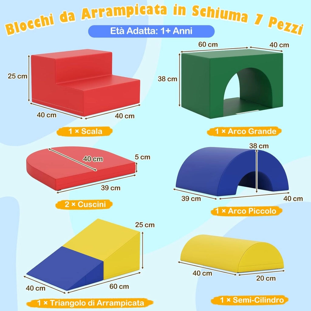 Set di 7 Blocchi da Arrampicata e Strisciamento per Bambini da 1 Anno in Su, Set di Costruzioni in Schiuma da Interno per Bambini a Arrampicarsi, Strisciare e Scivolare (Verde)