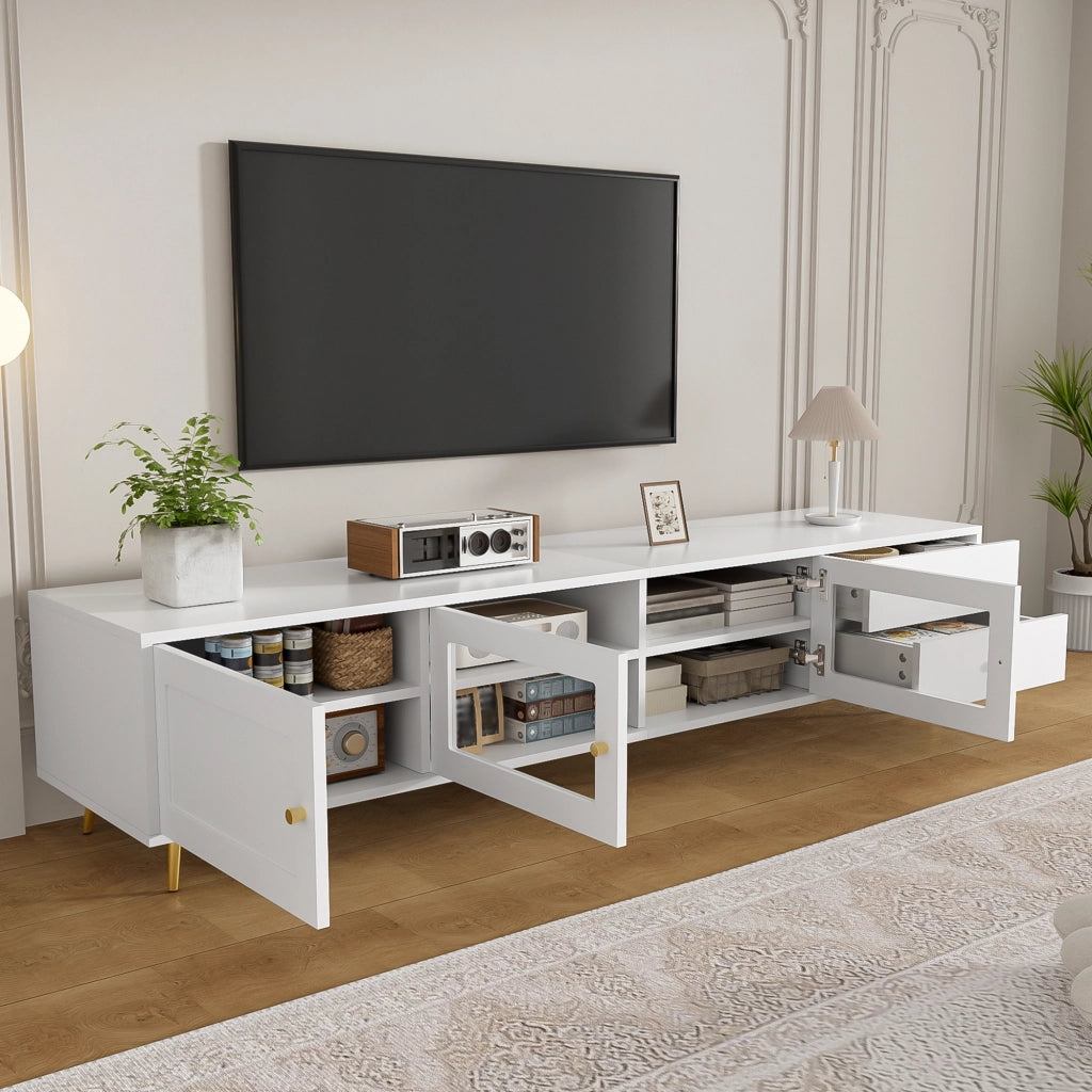 Mobile TV basso moderno con 2 cassetti, 2 ante in vetro e 1 anta, ampio spazio contenitore, bianco, 170¡Á40¡Á28 cm