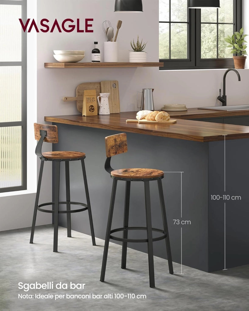 VASAGLE Set di 2 Sgabelli da Bar, Sedie da Cucina, con Schienale, Struttura in Acciaio, Altezza di Seduta di 73 cm, Montaggio Facile, Stile Industriale, Marrone Vintage e Nero LBC026B01V1