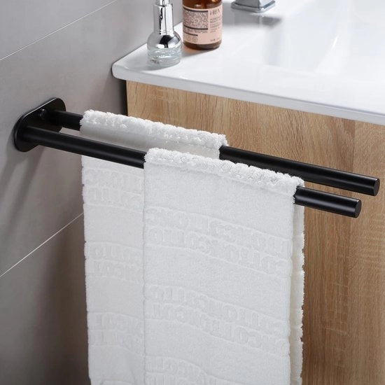 Sostegno per asciugamani a due braccia con stantuffo per asciugamani per bagno da parete doppio laccato in acciaio inossidabile 40cm nero