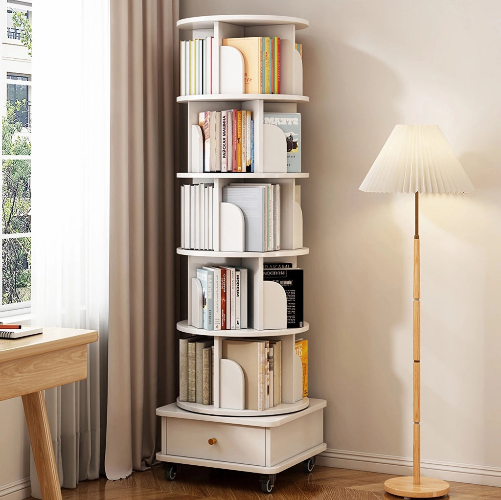 Libreria girevole 360° 46x56x173 cm in MDF bianco con cassetto –