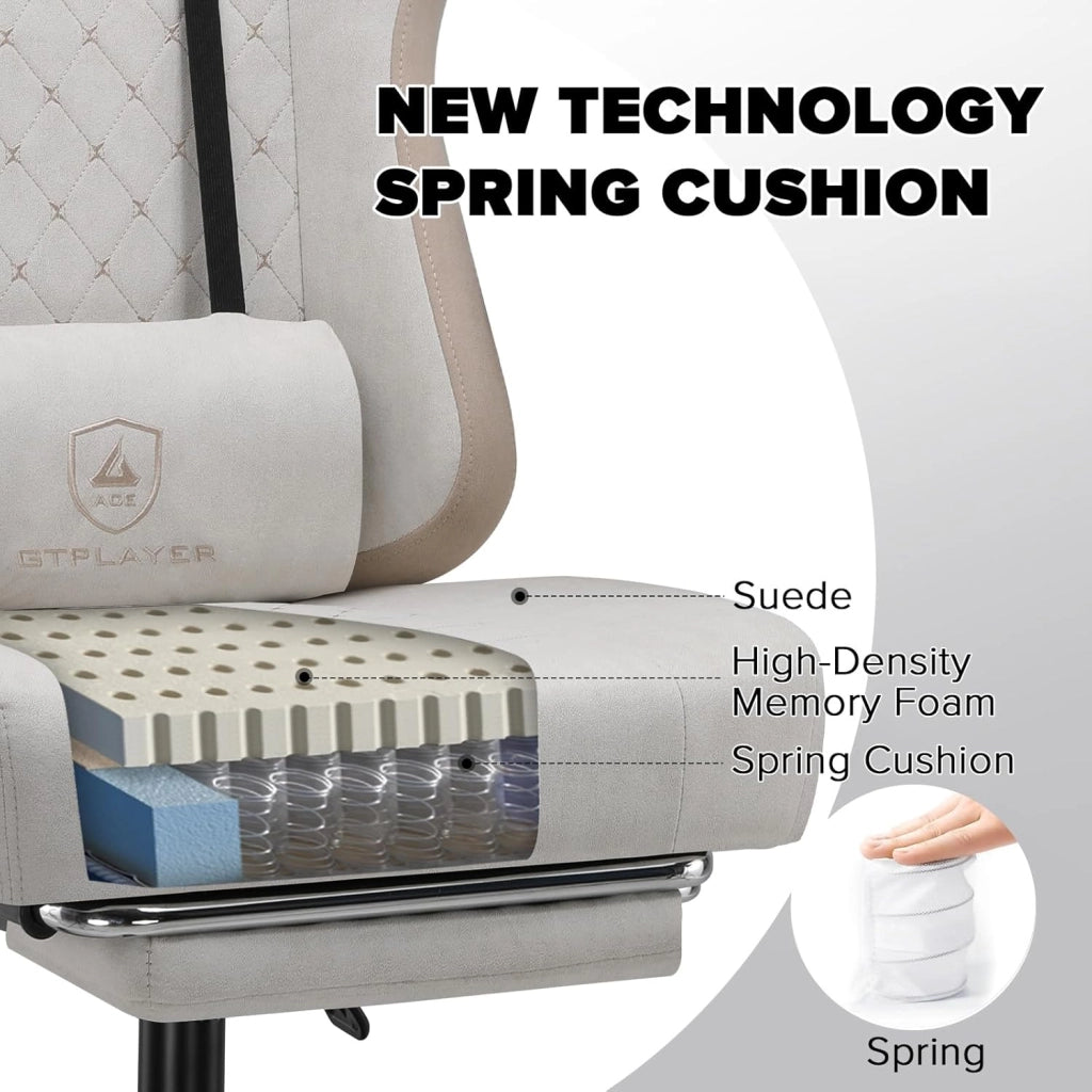 Sedia da gaming, ergonomica, da scrivania, con superficie in tessuto, cuscino a molla, braccioli di collegamento e poggiapiedi, beige-marrone