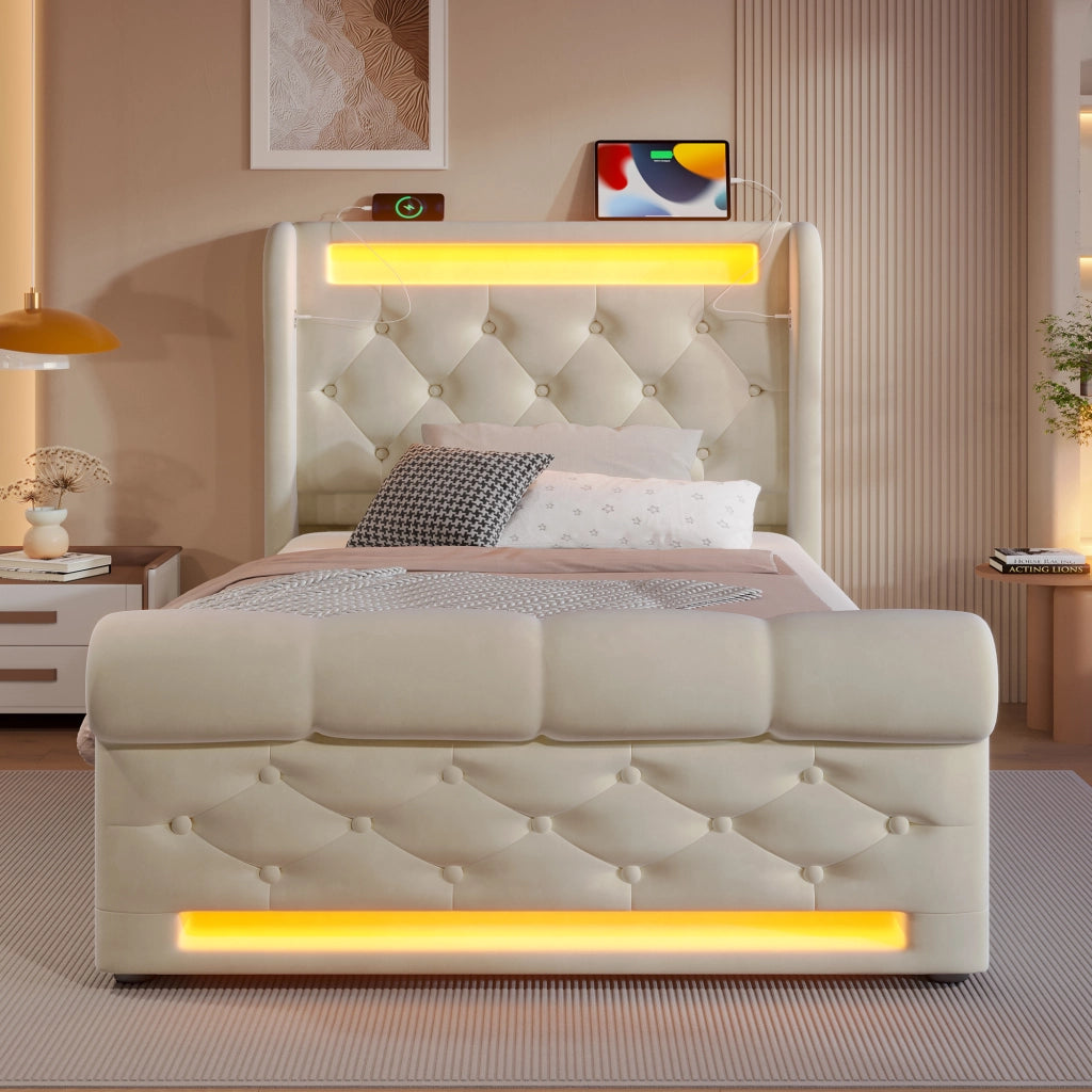 Letto imbottito 90x200 cm con LED, ricarica USB e Type-C, contenitore idraulico, velluto beige, con materasso