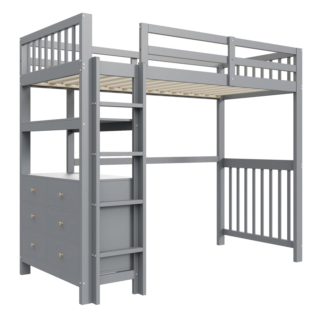 OKWISH Letto a Soppalco 90×200 cm, Letto Singolo con Scala Verticale, 6 Cassetti, Mensole e Sponda di Sicurezza, senza Materasso, Grigio