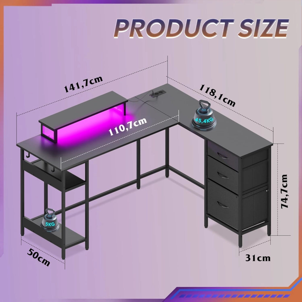 Scrivania Gaming Angolare L ¨C zephmum ¨C 142x118 cm, Nero, con Cassetti, Presa e USB