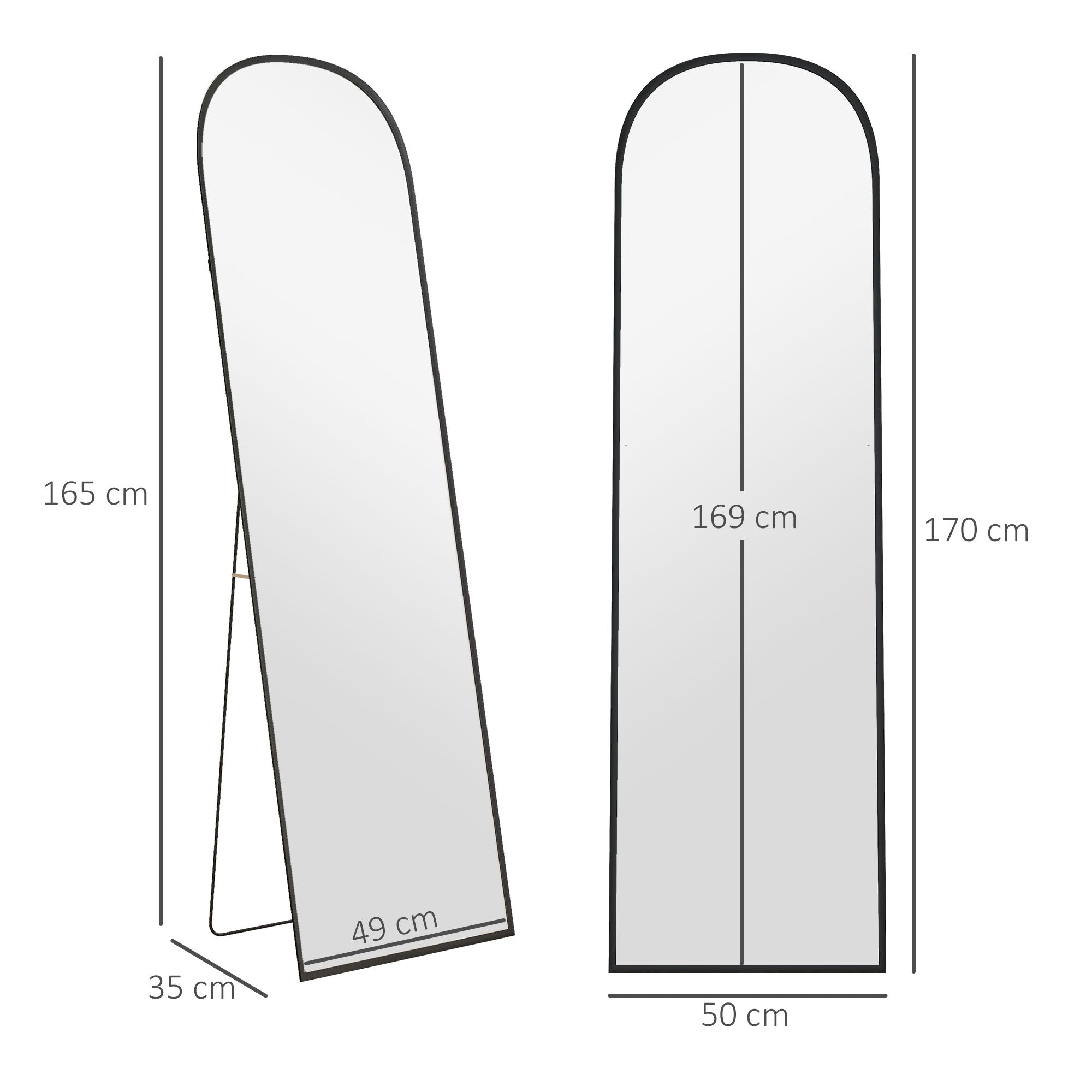 Specchio da Terra e Parete Moderno con Supporto Pieghevole 50x170 cm in Lega di Alluminio Nero