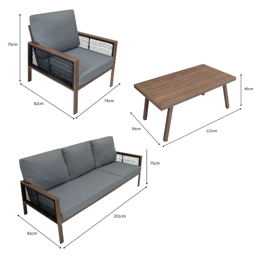Set Mobili da Esterno 4 Pezzi in Alluminio Divano Tavolino Poltrone Effetto Legno