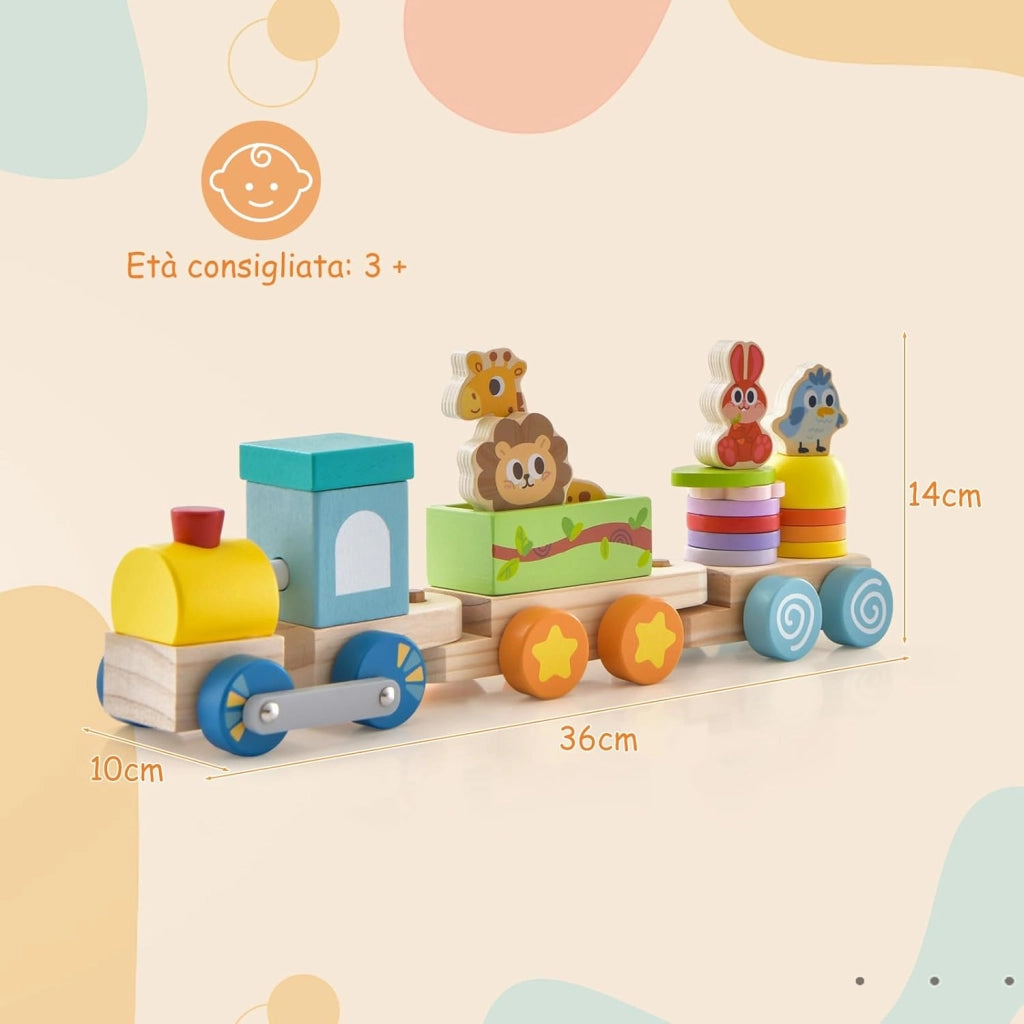 Set di Trenino Impilabile in Legno, Trenino Educativo in Legno Massello, Gioco Educativo in Legno per Bambini 3+ Anni