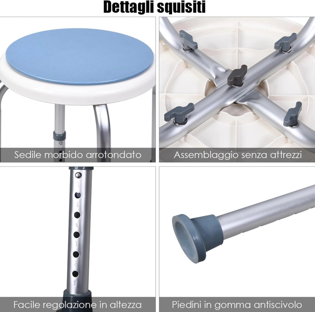 Sgabello per Doccia Girevole a 360°, Regolazione in Altezza, Gambe in Alluminio Resistenti alla Ruggine, Stabile e Antiscivolo, Sedile Comodo per Anziani e Disabili