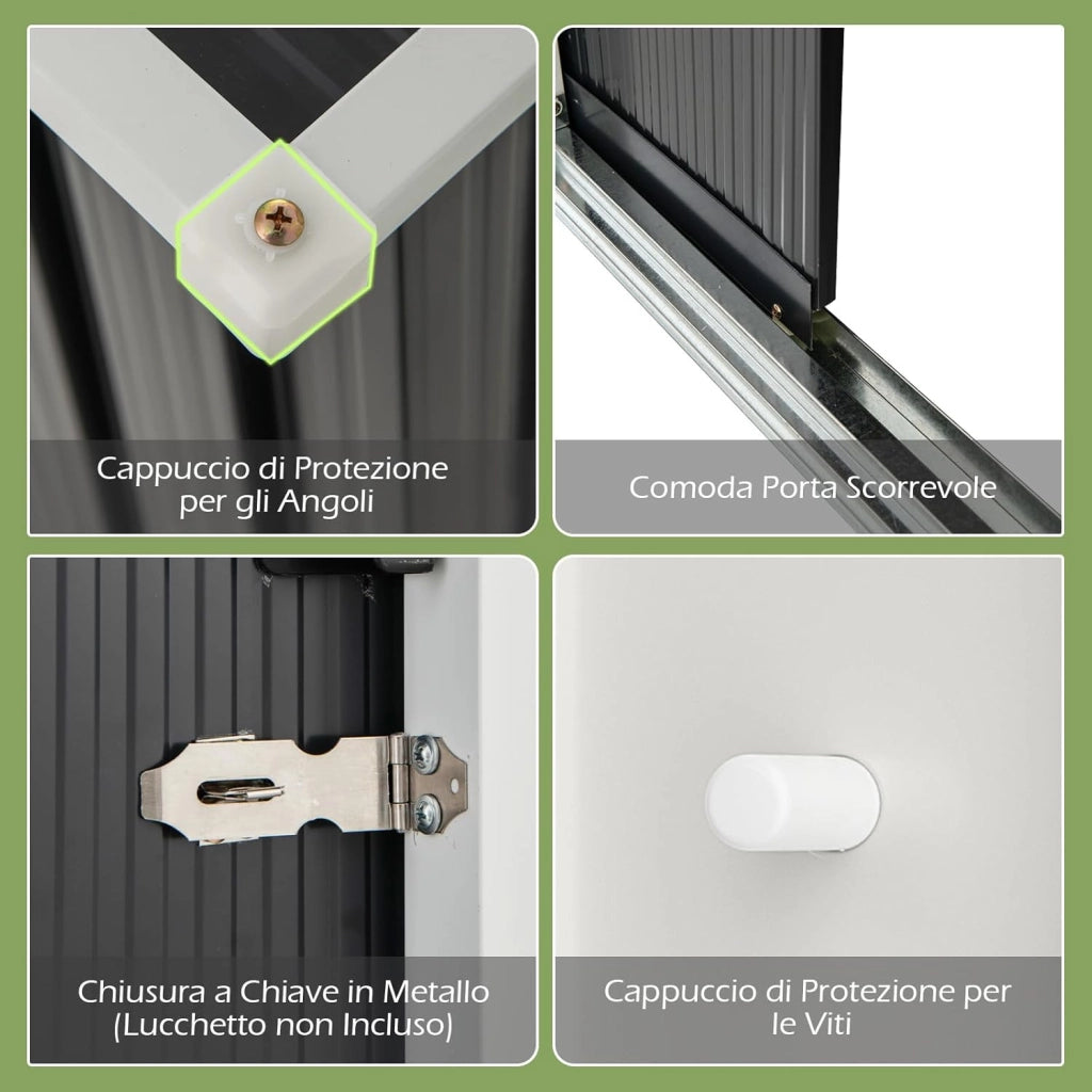Capanno per Attrezzi da Giardino in Metallo, Casetta Porta Attrezzi in Acciaio con Porta Scorrevole Sistema di Blocco, Casetta per Stoccaggio per Prato e Cortile, 163 x 86 x 181 cm, Grigio