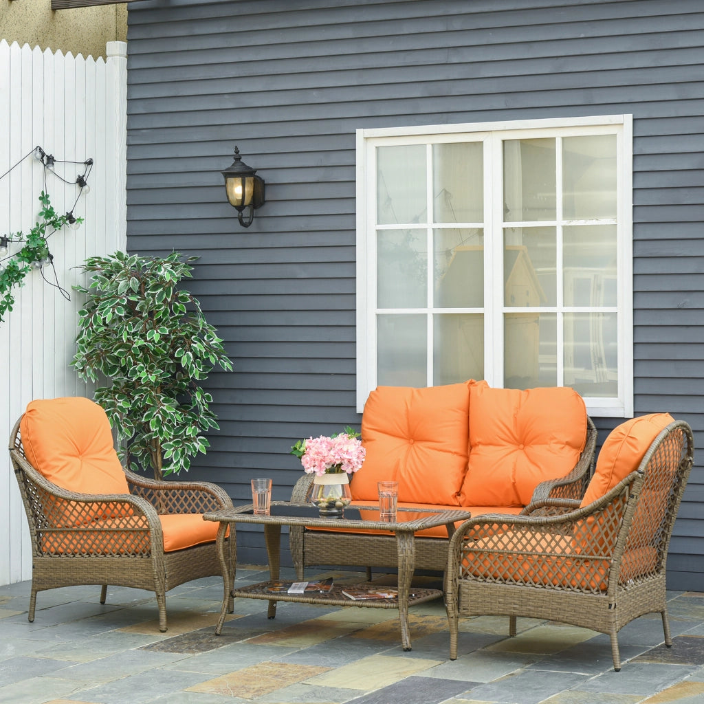 Set Mobili da Giardino in Rattan PE con 2 Poltrone Divano a 2 Posti e Tavolo e Cuscini, Colore Khaki e Arancione