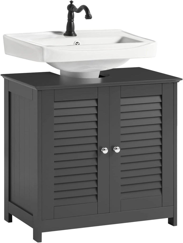 Mobile Bagno Sottolavabo - Mobiletto Bagno Salvaspazio con Mensole Regolabili, Mobile Lavabo in MDF, Antimuffa con Porta a Lamelle, per lavabo a terra, Grigio Scuro, 60x58x35cm, FRG237-II-DG