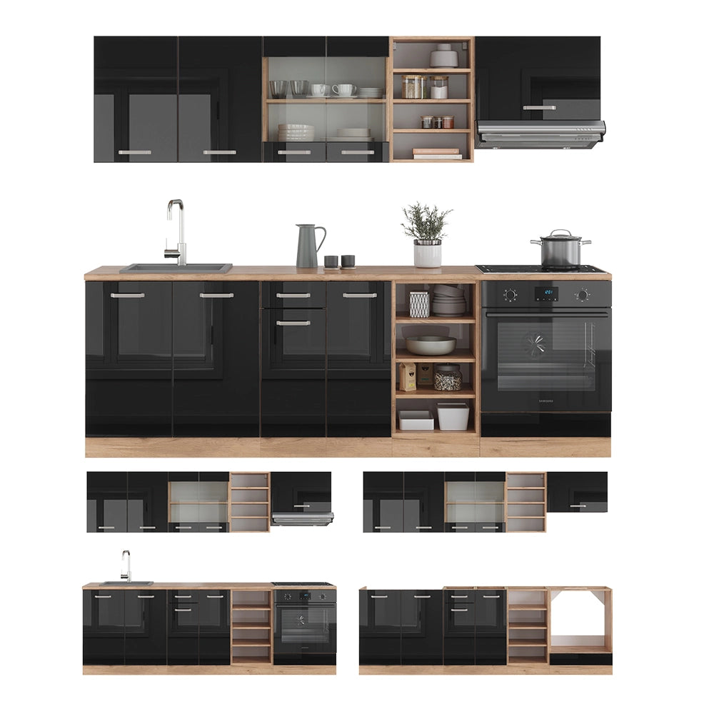 Cucina componibile R-Line Nero lucido/Rovere dorato 240 cm, PL Marmo Vicco