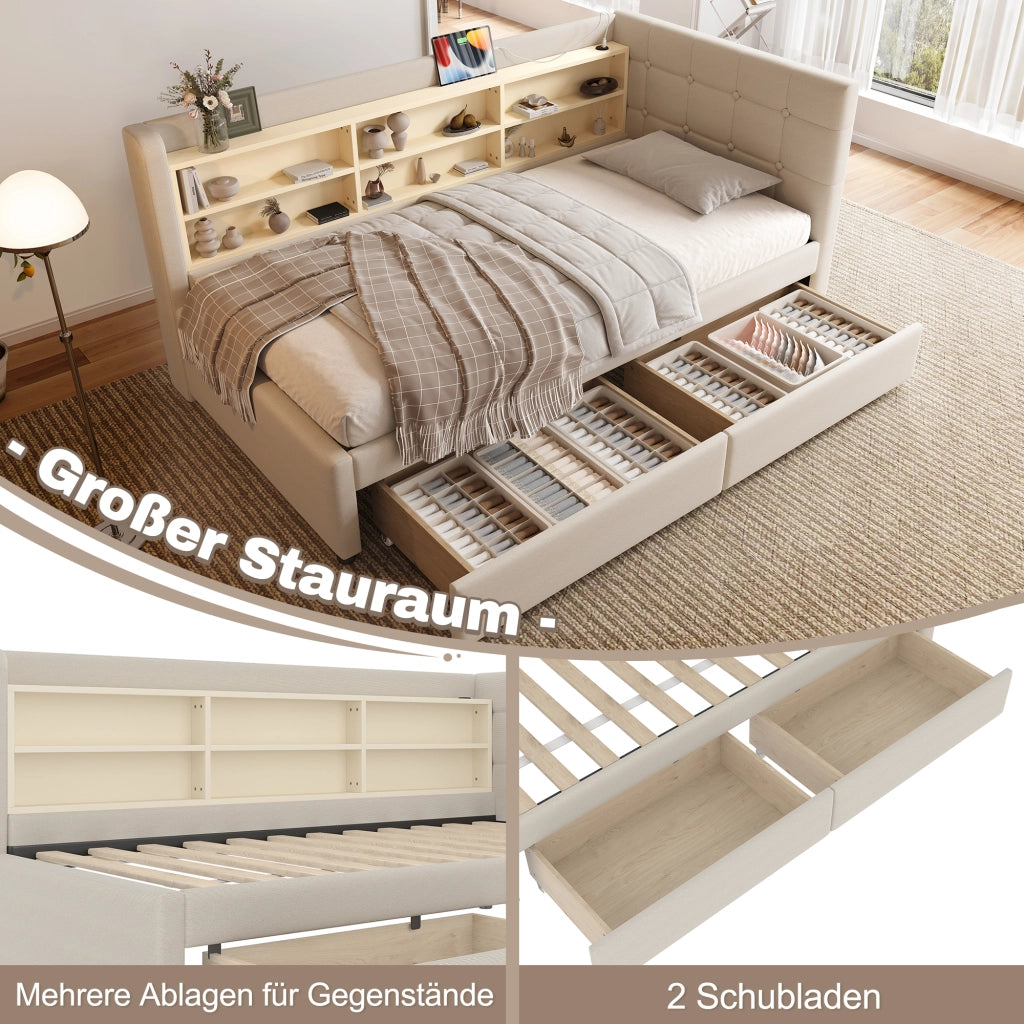 OKWISH Letto Divano 90×200 cm, Letto Singolo con 2 Cassetti, USB, Tipo C e Mensole, senza Materasso, in Lino, Beige