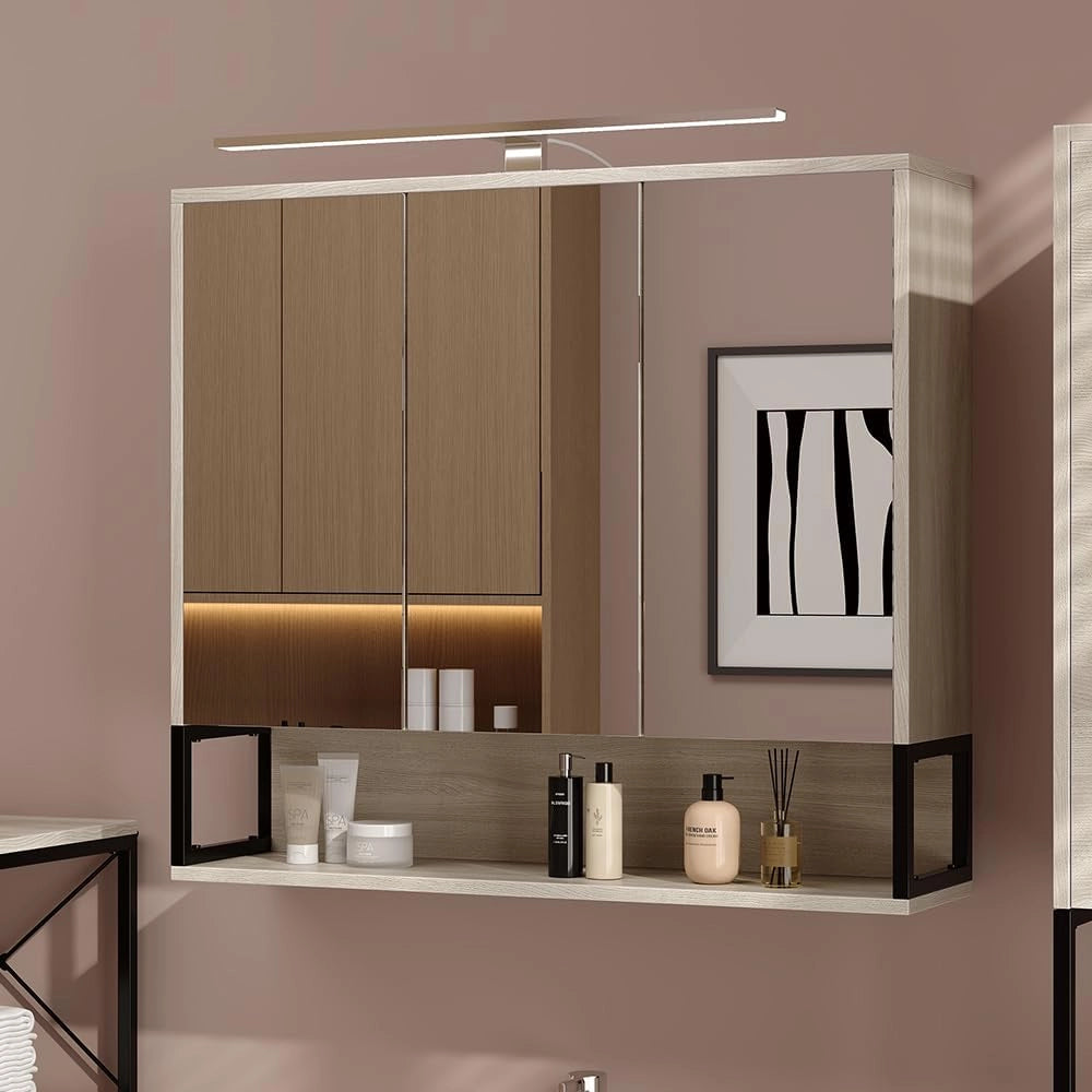 Mobile a specchio per il bagno Vionna, Quercia/nero, 80 x 71.5 cm con luce LED, con ripiano interno regolabile in altezza per un utilizzo flessibile