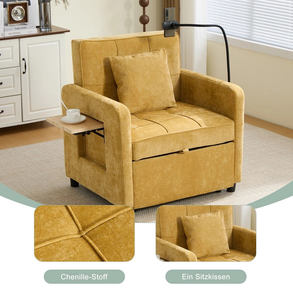 Divano letto singolo ¨C Minimal ¨C Chenille grigio, con cuscini, tasche laterali e tavolino