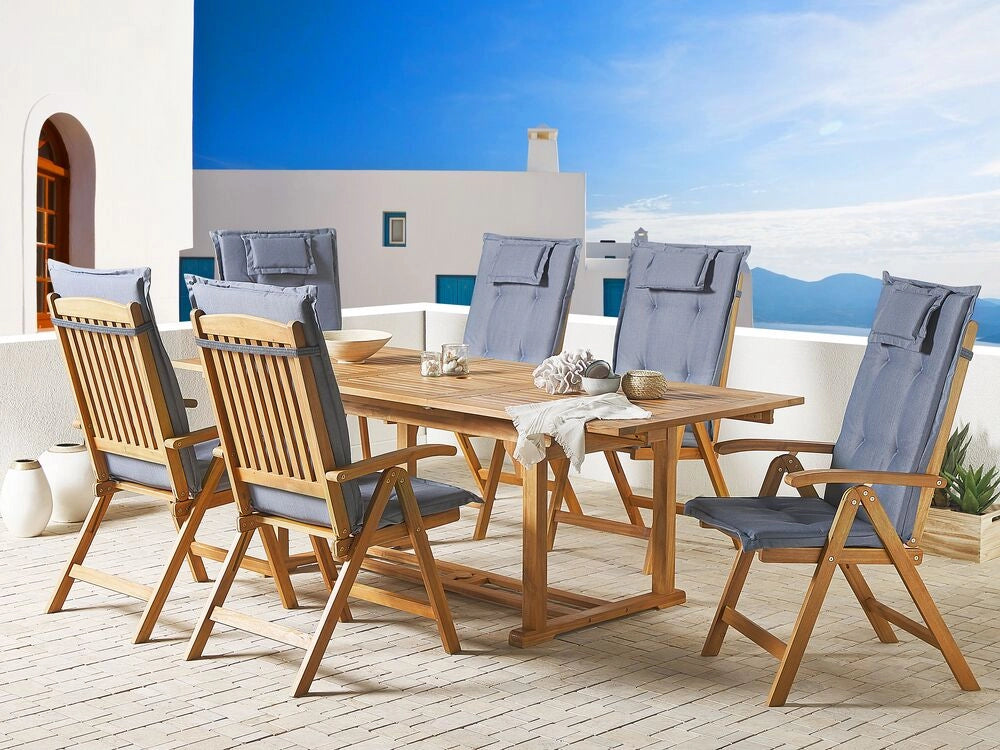 Set da pranzo da giardino in legno di acacia con cuscini blu Sedie pieghevoli regolabili a 6 posti in stile country per esterni