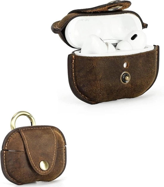 Case per Oortelefoon - Copertura in Pelle Stoffa Impermeabile per Air Pods Pro - Protezione per la Testa senza Fili - Porta Ricarica e Fermo Orecchio - Caffè