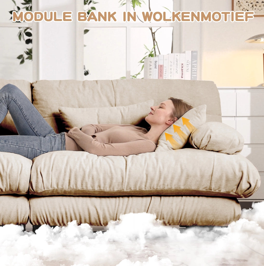Divano angolare modulare in chenille vintage beige chiaro con pouf abbinato